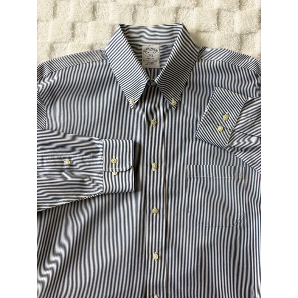 Brooks Brothers 1818 Regent Dress Shirt 16 2/3 Blue White Stripe Non-Iron Cotton